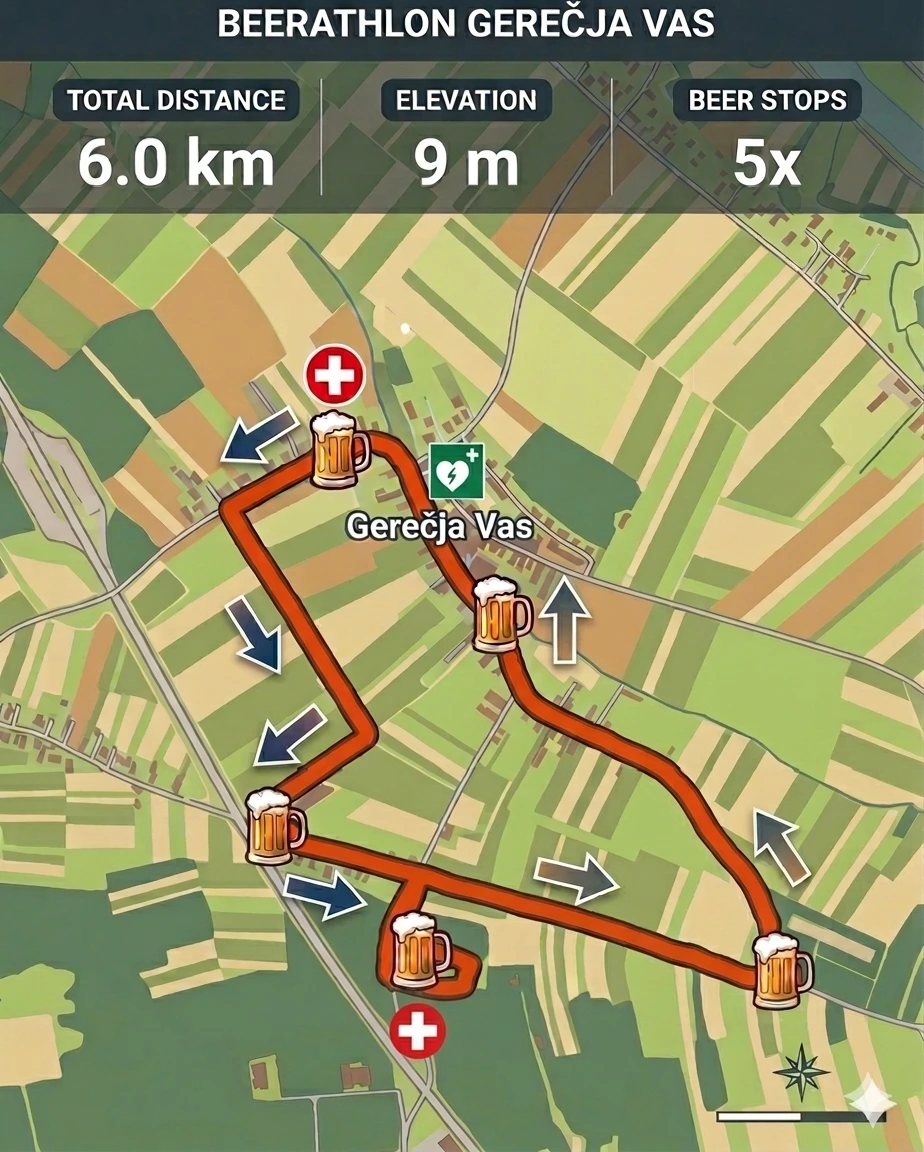 Zemljevid trase Beerathlon Gerečja vas - 6 km, 5 pivskih postankov